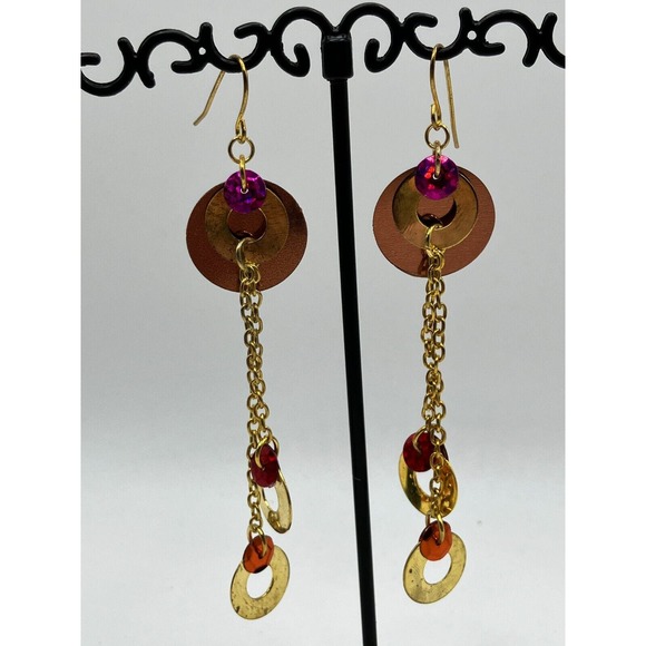 Shiny Pink Gold-Tone Long Dangle Earrings Vintage! - Picture 2 of 9